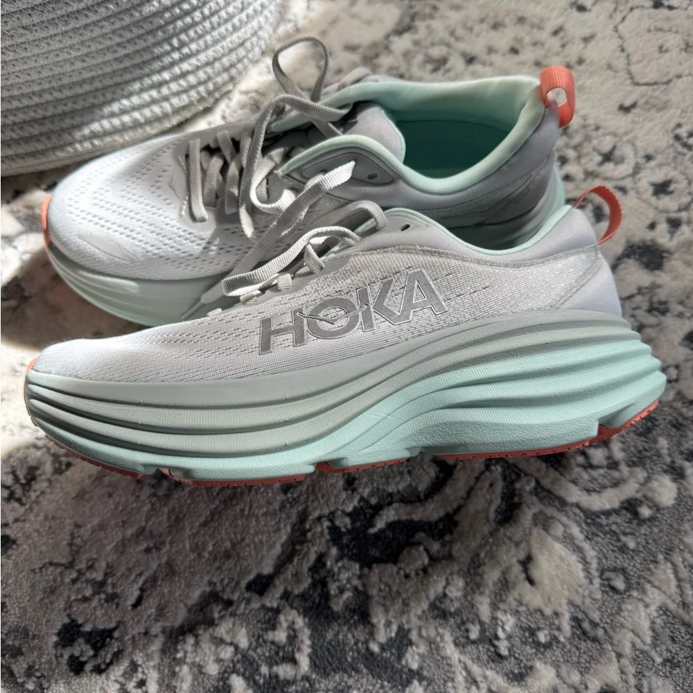 Hoka Bondi 8 Women's Gray and Mint Sneakers - Picture 1 of 5
